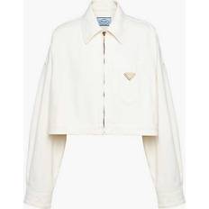 Prada Women Jackets Prada Womens White Brand-plaque Cropped Denim Jacket WHITE