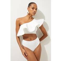 Karen Millen Drama Ruffle One Shoulder Bikini Top White