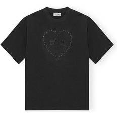Ganni Black Heavy Cotton Drop Shoulder Heart T-shirt Women's