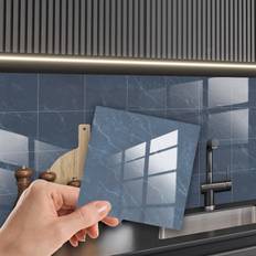 Walplus Glossy Marble Tile Stickers Thick Backsplash 24Pcs 15Cm6" -Steel Blue One
