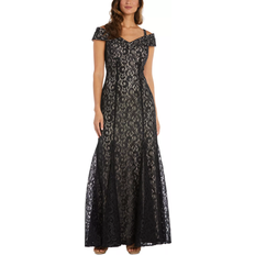 Evening Gowns Dresses R&M Richards Off the Shoulder Lace Gown - Black/Nude