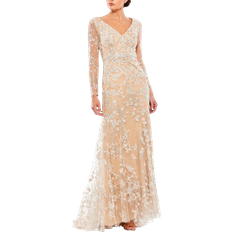 Mac Duggal Beige Dresses Mac Duggal Embroidered V Neck Long Sleeve Trumpet Gown - Ivory Nude