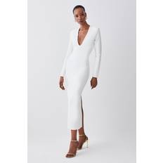 Karen Millen Bandage Form Fitting Deep V-Neck Midaxi Knit Dress Cream