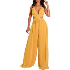 Yellow Jumpsuits & Overalls Olyvenn Sold by: Olyvenn, Olyvenn Womens Fashion Women Casual Cold Shoulder Jumpsuit Solid Suspender Jumpsuits Wide Leg Pant Yoga Boho Playsuits for Women Summer Dressy 2023 Trendy Workout Rompers Overalls Yellow