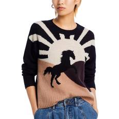 Aqua Tops Aqua Cashmere Horse Intarsia Crewneck Cashmere Sweater 100% Exclusive Black Combo