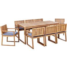 Azul Juegos de comedor de patio Beliani Conjunto Jardín 8 Plazas Rústico Madera De Acacia Certificada Sillas Con Cojines De Asiento Azul Sassari Ii Juego de comedor de patio