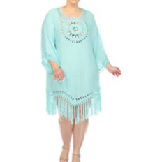 Swimsuit Cover-Ups & Sarong Wraps White Mark Crocheted Fringed Trim Dress Cover Up Plus Size - Mint