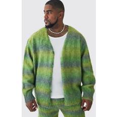 3XL - Men Cardigans boohooMAN Mens Plus Boxy Fit Knitted Brushed Stripe Cardigan Green