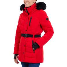 Red Coats Michael Kors Belted Bibbed Hooded Puffer Coat - Red