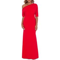 Betsy & Adam Madeline Long Scuba Crepe Off The Shoulder Drop Dress - Red