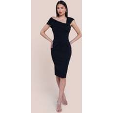 Evening Gowns - Polyester Dresses Goddiva Scuba Crepe Pleated Drop Shoulder Midi Dress Black