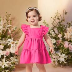 6-9M Dresses Shein Baby Girl Summer Cute Vacation Simple Solid Color Ruffle Trim Removable Bowknot Sleeveless Dress