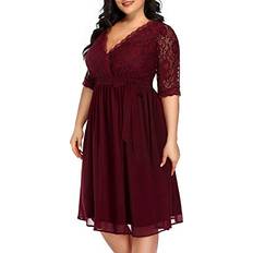 v-moda Pinup Fashion Plus cocktail Dresses Women Burgundy Red Lace Top chiffon Wedding guest Semi-Formal Maroon Evening Party Wrap Dress