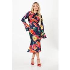 Coast Petite Cross Neck Flute Sleeve And Hem Midi Dress Navy