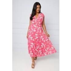 Oasis Floral Pleated Wrap Midi Dress Pink