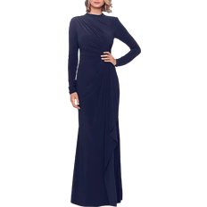 Betsy & Adam Jeanette Long Sleeve Stretch Knit Side Ruffle Dress - Navy