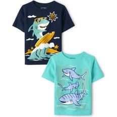 9-12M T-shirts The Children's Place Baby Toddler Boys Short Sleeve Graphic T-Shirt 2-Pack, Shark Family/Surfer Shark, 12-18 Months