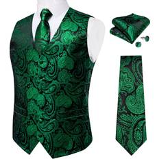 Men's Green Suit Vest Silk Waistcoat Neck Tie Pocket Square Cufflinks Set Wedding Party Vest for Men DiBanGu Multicoloured One