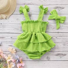 Green Bodysuits Children's Clothing Shein Baby Girl Fun Shoulder Strap Design Cable Knit MultiTiered Hem Casual And Cute Bodysuit