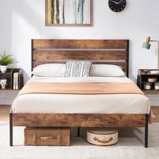 Vecelo Queen Bed Frame with Rustic Headboard, Strong Slats