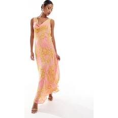 Long Dresses - Sequins River Island Womens Pink Floral Cowl Neck Slip Maxi Dress - Bright Pink