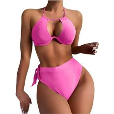 Swimwear Smihono Sold by: Rollbacks Women Sexy Cutout High Waist Bikini Set Adjustable Straps Tie Side Ruched Two Piece Swimsuit Push Up Bathing Suits Beachwear Pink