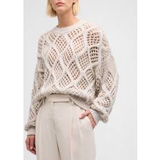 Nylon - Women Sweaters Brunello Cucinelli Round-neck Knitwear, Female, Beige, Diamond Pattern Sequin Sweater