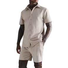 Beige - Men Jumpsuits & Overalls boohooMAN Herringbone Shirt And Short Set - Stone