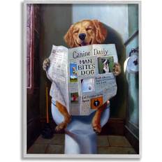 Stupell Industries Dog Reading The Newspaper On Toilet Funny Painting Gray Framed Art 40.6x50.8cm