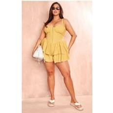 Linen Jumpsuits & Overalls PrettyLittleThing Plus Yellow Linen Premium Hook And Eye Boning Detail Romper