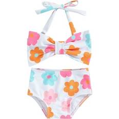 Bikinis Musuos Sold by: Young&Beautiful, Little Girl Summer Bikini Pcs Set 1-6Years Flower/Plaid Print Sleeveless Halter Neck Bow Tops with Bikini Shorts Swimsuit