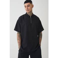 Mies - Pellava Polo paidat boohooMAN Tall Zip Up Linen Polo - Black