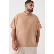 Hør Polotrøjer boohooMAN Mens Plus Zip Up Linen Polo In Taupe Beige