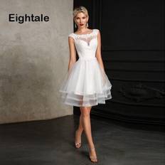 Blowuponline5 White Eightale Short Wedding Dress O Neck Appliques Bride Dress Princess Backless Lace Wedding Gowns vestidos de novia 2019