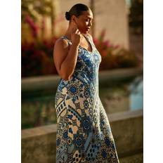 Live Unlimited Curve Floral Print Bias Slip Dress, Blue/Cream