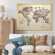 Design Art "Rustic Routes World Map" World Map Wall Prints Framed Art