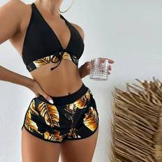 Yellow Bikini Sets Ecqkame Sold by: Women Bathing Suits Clearance Women Solid Bikini Strap Bikini Deep V Sexy Split Swimsuit Set Three-piece Swimming Suit Yellow