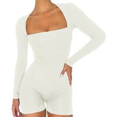 Jumpsuits & Overalls Rigardu Sold by: hwgdss, Rigardu Women Long Sleeve Jumpsuit Long Sleeve Bodysuit V Neck Bodycon Shorts Stretchy Onesie Romper 90s EGirl White