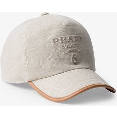 Prada Caps Prada Mens Neutral Brand-debossed Linen-blend and Leather Baseball Cap NEUTRAL