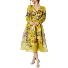 Midi Dresses - Puff Sleeve Coast Printed Blouson Sleeve Organza Midi Dress - Yellow