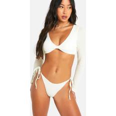 White Bikini Sets boohoo Womens Textured Long Sleeve Ruched Bum Bikini Set White