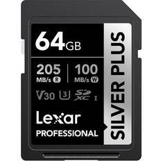 LEXAR Memory Cards LEXAR Silver Plus 64GB UHS-I V30 205MB/s SDXC Memory Card Sliver