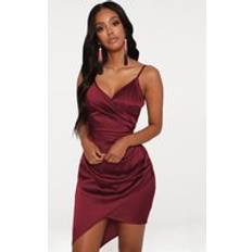 PrettyLittleThing Shape Burgundy Satin Wrap Dress, Red