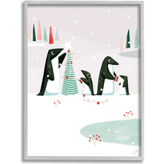 Stupell Penguins Decorating Christmas Tree Gray Framed Art 24x30"