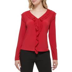 Tommy Hilfiger Blouses Tommy Hilfiger Women's Long Sleeve Ruffle Front Solid Blouse, Chili Pepper