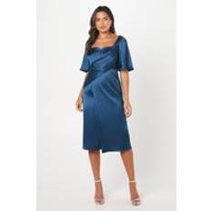 Coast Satin Wrap Waist Flutter Sleeve Midi Dress Washed Indigo