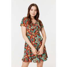 Womens Red Printed Ruffle Front Wrap Dress