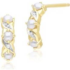 Gemondo Classic Art Nouveau Style Pearl & Diamond Half Eternity Hoop Earrings in 9ct Yellow Gold