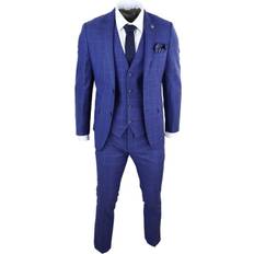 Checkered - Wool Suits Paul Andrew Men's Check Vintage Retro Suit 3-Piece - Royal Blue