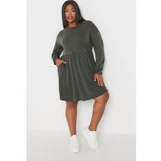 Cotton Dresses Yours Curve Grey Acid Wash Frill Sleeve Midi Dress, Große Größen Für Damen, Grau